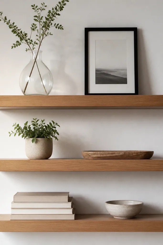 Three floating shelves made from birch with a warm mid tone. The finish has a soft satin sheen, not glossy. The wall is cool white. Top shelf has a clear glass vase and a black frame. Middle shelf has a small plant and a light wood tray. Bottom shelf has a stack of books with cream spines and a ceramic dish.