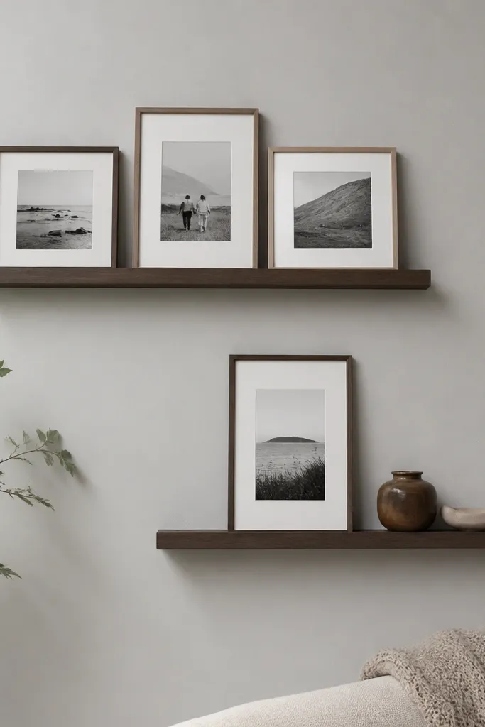 Two slim floating shelves, only about 5 inches deep, on a light gray wall. The shelves hold mostly framed photos and small objects. One shelf has three frames in a row, another has a single tall frame with two small decor pieces beside it. The items sit close to the wall with clean spacing.