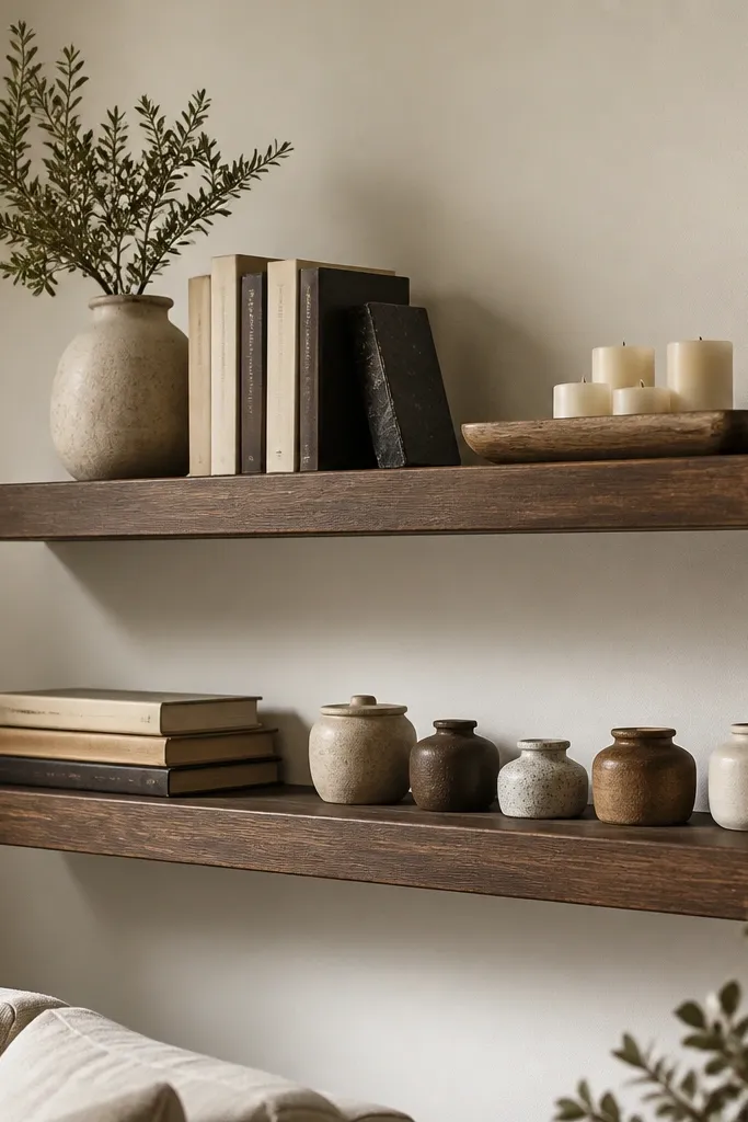 Two deep floating shelves, about 9 inches, on a warm white wall. The shelves hold book stacks, a long wooden tray with candles, and a row of small ceramic jars. The decor sits farther from the wall than on slim shelves, creating visible depth shadows.