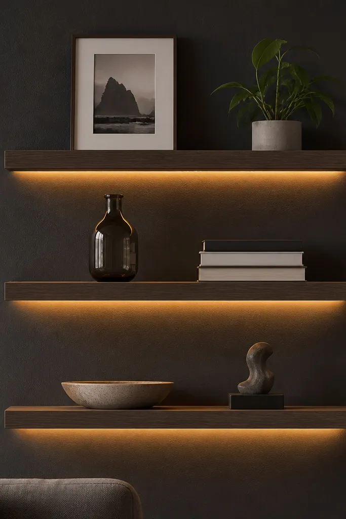 Three floating shelves with a hidden warm LED glow underneath the front edge. The wall is dark charcoal. On top shelf there's a framed photo and a small plant. Middle shelf has a glass bottle and a stack of books. Bottom shelf has a ceramic bowl and a small sculpture. The LED makes a soft halo effect under the shelves.