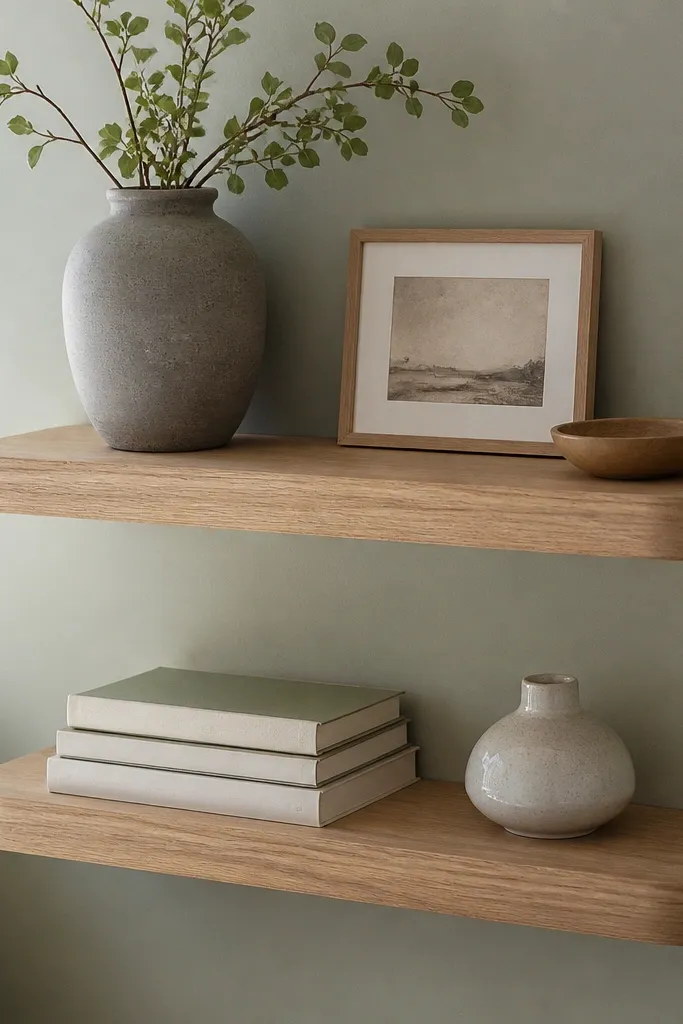 Two floating shelves with rounded front edges and a light stained finish. The wall is pale sage. The shelves show smooth, rounded corners rather than sharp square edges. Decor includes a soft gray ceramic vase, a small framed print, and a stack of books with muted covers.