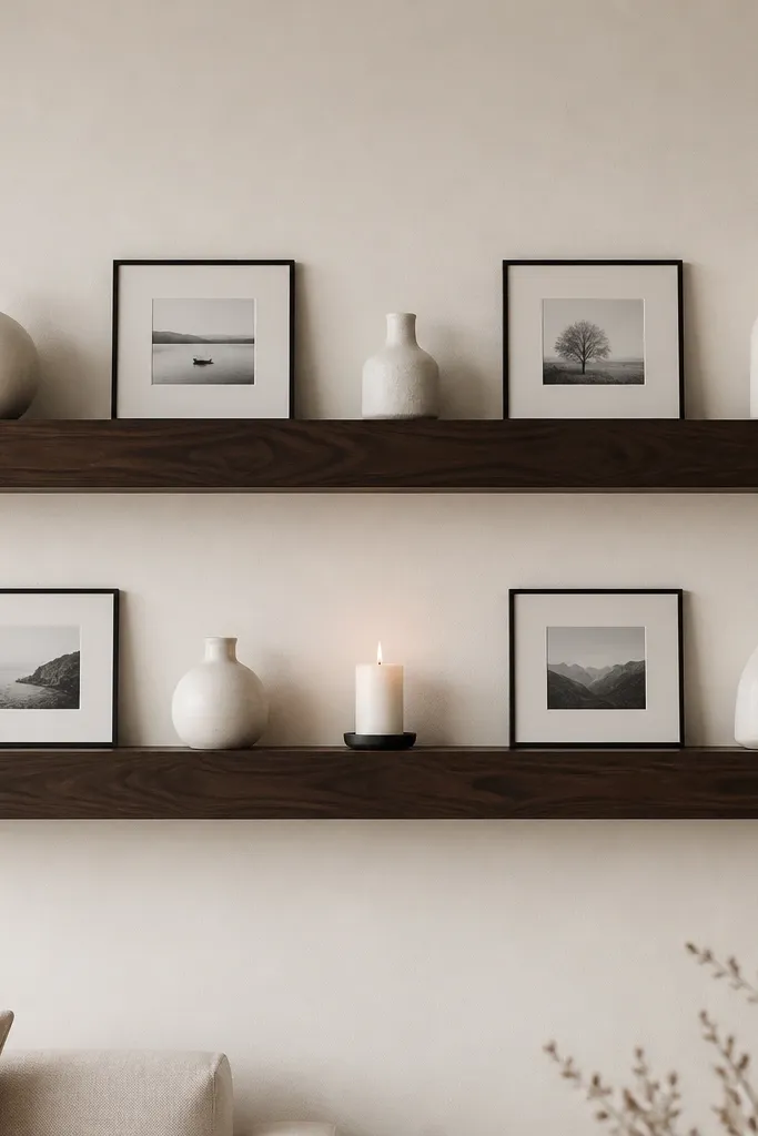 Two long floating shelves in deep black walnut stain on a pale cream wall. The shelves look dark but still show grain. Decor is minimal: white ceramic vases, a single white candle, and a grid of small black-and-white photos arranged evenly. Everything is spaced evenly across the shelf length.