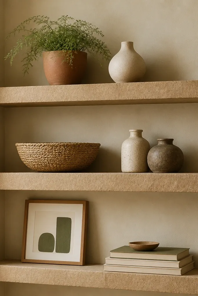 Three floating shelves with a warm sandstone-colored finish on a light warm wall. The shelves have a subtle textured look, not perfectly smooth. Top shelf has a terracotta pot with a small plant, plus a cream vase. Middle shelf has a woven basket and a couple of ceramic jars. Bottom shelf has a framed print with a green accent and a book stack.