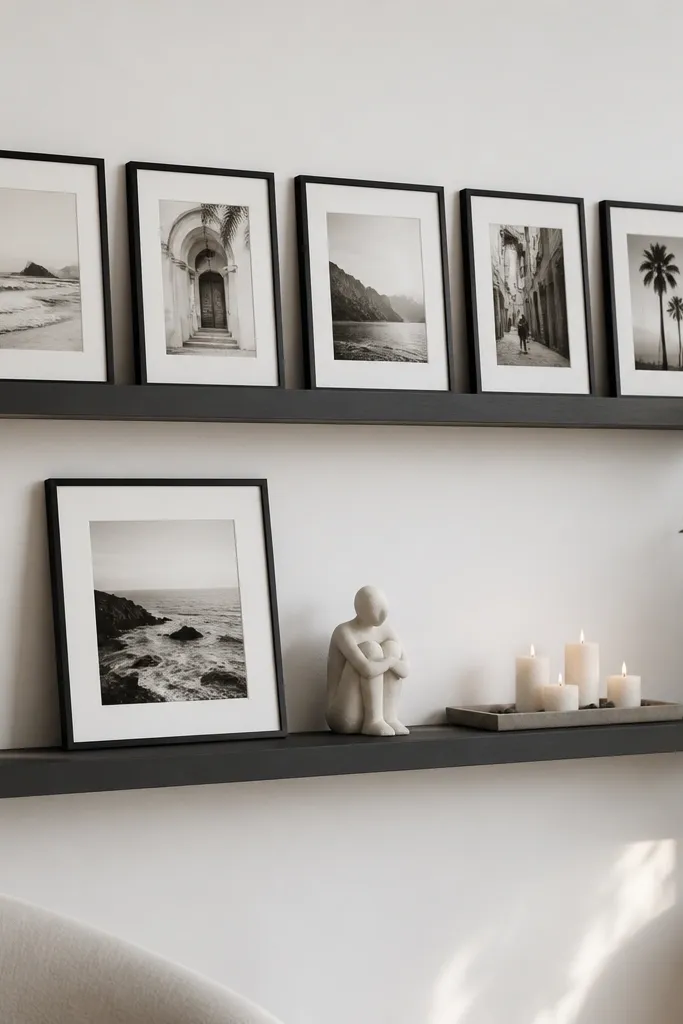 Two charcoal gray floating shelves with a matte finish on a white wall. A row of black frames sits across the top shelf, spaced evenly. The bottom shelf holds a single larger frame leaning, a small sculpture, and a narrow tray with candles.