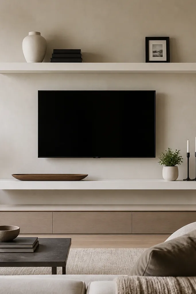A living room TV wall with a black flat-screen centered. Two large floating shelves in matte white run horizontally above and beside the TV area. On the top shelf are a white ceramic vase, two stacked books with black spines, and a small black picture frame. The lower shelf holds a long wooden tray, a short plant in a white pot, and a pair of slim candle holders.