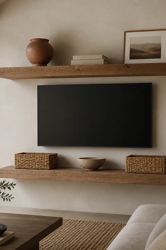 A TV wall with warm oak floating shelves in two levels. The shelves are darker than the wall and show visible wood grain. The top shelf has a terracotta vase, a linen-wrapped book stack, and a small framed print. The bottom shelf has two woven baskets side-by-side and a neutral ceramic bowl in the center.