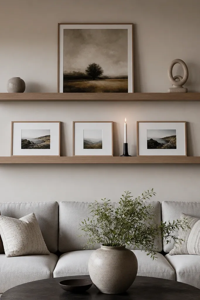 A clean TV wall with floating shelves that have no visible brackets. Two long shelves run above the couch line. On the top shelf is one oversized framed art piece standing upright, plus two small sculptural objects at the ends. The lower shelf holds a row of three framed photos aligned straight, with a single tall candle at center.