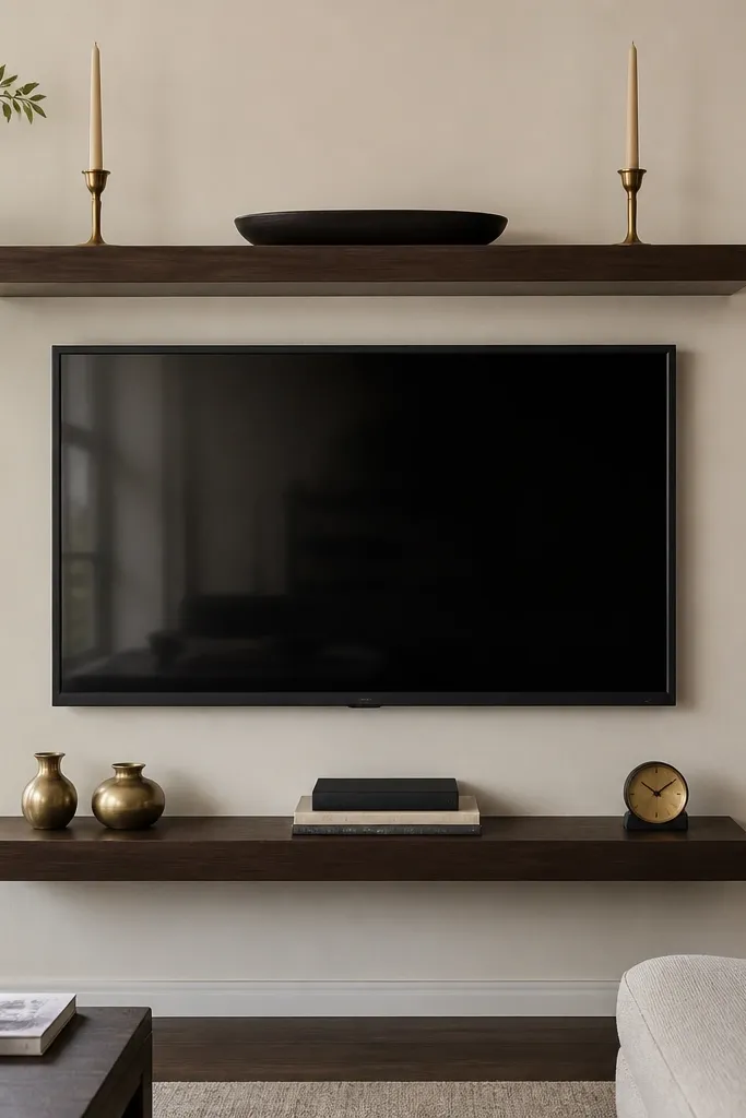 A TV wall with dark walnut floating shelves. The TV has a dark bezel. The top shelf has two brass candlesticks on either side of a black ceramic tray. The lower shelf has a pair of short brass vases, a stack of books, and a small clock with a brass face.
