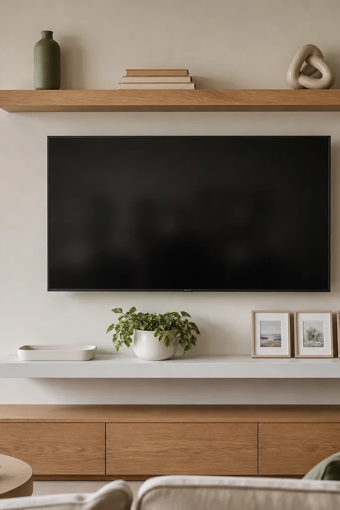 A TV wall with two floating shelves in two finishes. The top shelf is oak with visible grain; the bottom shelf is painted white. The top shelf holds a tall olive-green vase, a small stack of tan books, and a neutral ceramic sculpture. The bottom shelf has a white tray, a plant in a white pot, and a set of three small framed prints.