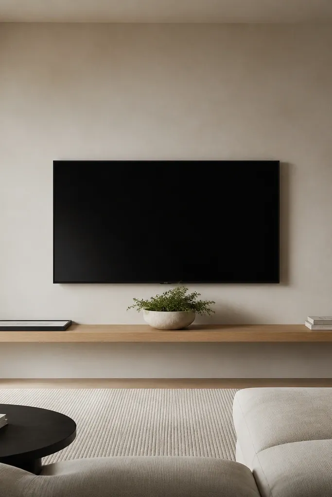 A single extra-long floating shelf spanning most of the TV wall width. The shelf is light oak with a simple edge. On the shelf there is one large low ceramic planter centered, a long black photo frame lying flat, and a slim book stack at the right end. Everything has lots of empty space between objects.