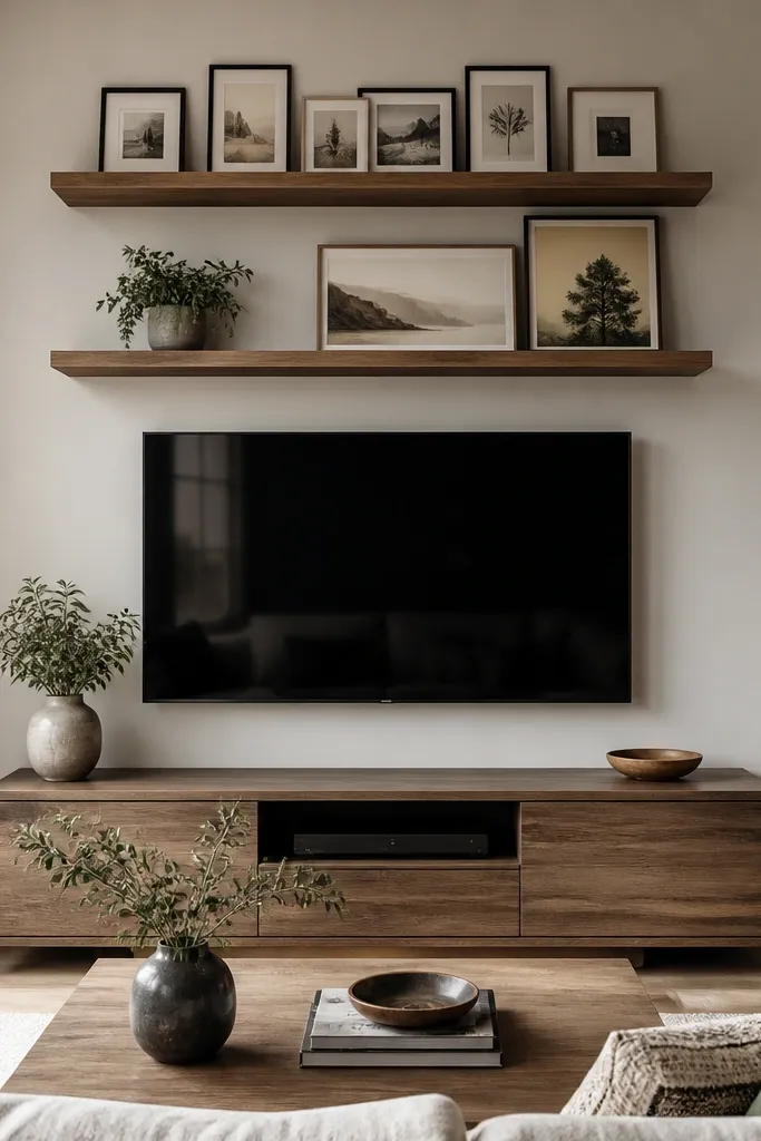 Two long floating shelves, both slightly wider than the TV. The top shelf has a row of small frames standing upright like a gallery. The lower shelf has two larger frames leaning against the back edge, plus a small plant in a pot. The overall look is layered but tidy.