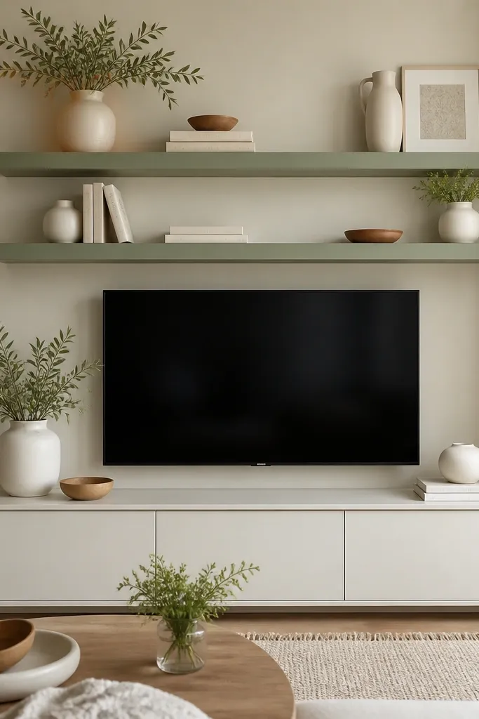 Floating shelves painted sage green above a white or cream TV console. The TV is centered. The shelves hold white vases, a small terracotta dish, and a stack of books with pale covers. The decor looks airy and soft.