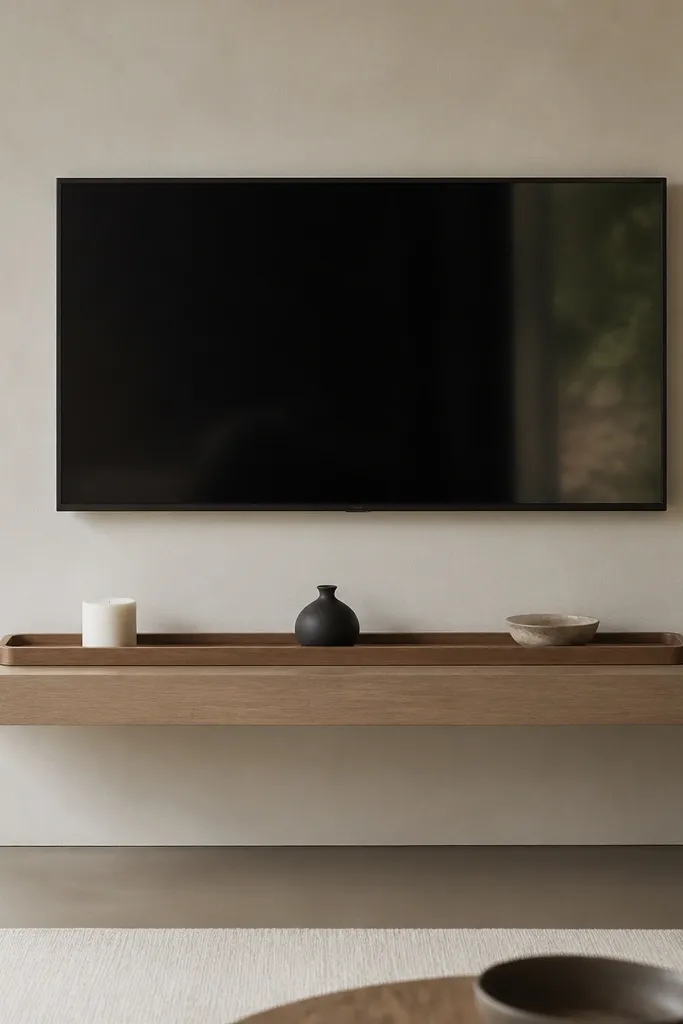 A floating shelf styling where a long wood tray runs across the shelf. Small objects sit neatly inside the tray: a white candle, a tiny black vase, and a small ceramic bowl. The TV wall is otherwise minimal and clean.