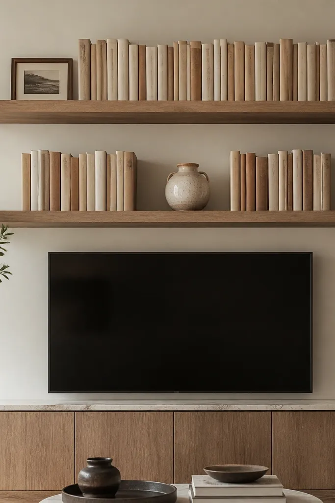 Floating shelves styled with stacked books standing upright. The TV is centered under the shelves. The top shelf shows a tall stack of books with neutral covers, plus a small framed photo. The lower shelf has two vertical book towers and a single ceramic vase between them.