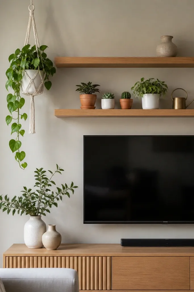 A TV wall with two floating shelves. The top shelf holds a trailing plant in a white macrame hanger and a small vase. The bottom shelf holds a cluster of small plants in terracotta and white pots, plus a small watering can-shaped decor piece.
