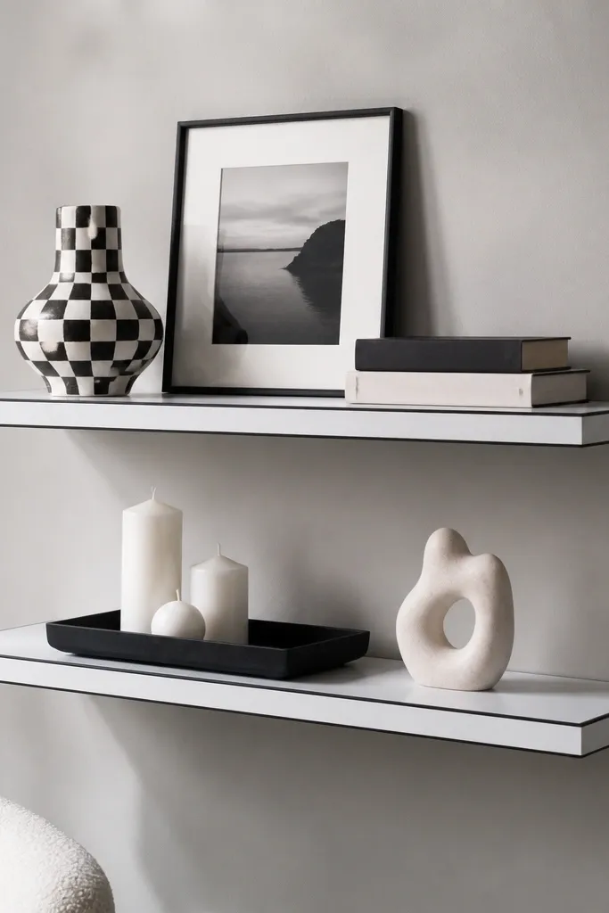 Floating shelves on a light gray wall. The shelves are white with thin black edges. On the top shelf is a black-and-white checkered ceramic piece, a monochrome photo frame, and two stacked books. The lower shelf has a black tray with white candles and a small sculpture.