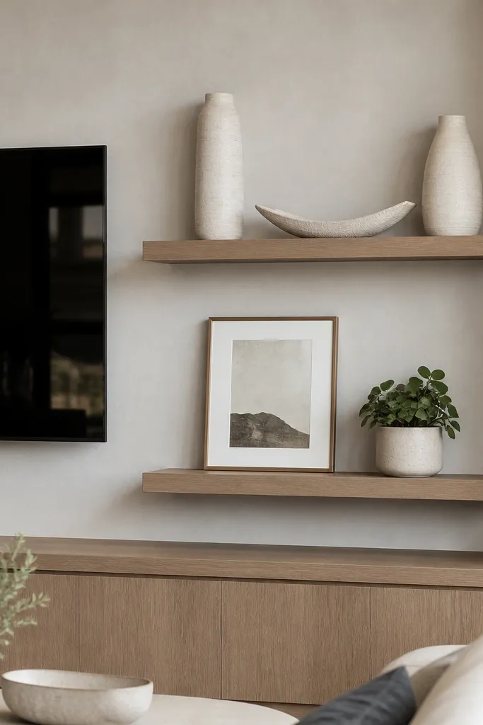 A TV wall with two floating shelves. The top shelf has two tall vases in off-white with subtle texture on either side of a curved ceramic tray. The lower shelf has a framed print leaning against the back edge and one short plant in a pot.