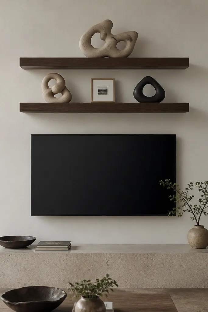 Two floating shelves with dark walnut finish. The top shelf has a large sculptural object, the lower shelf has two medium sculptures, and between them there is a small framed photo. The TV is centered below.