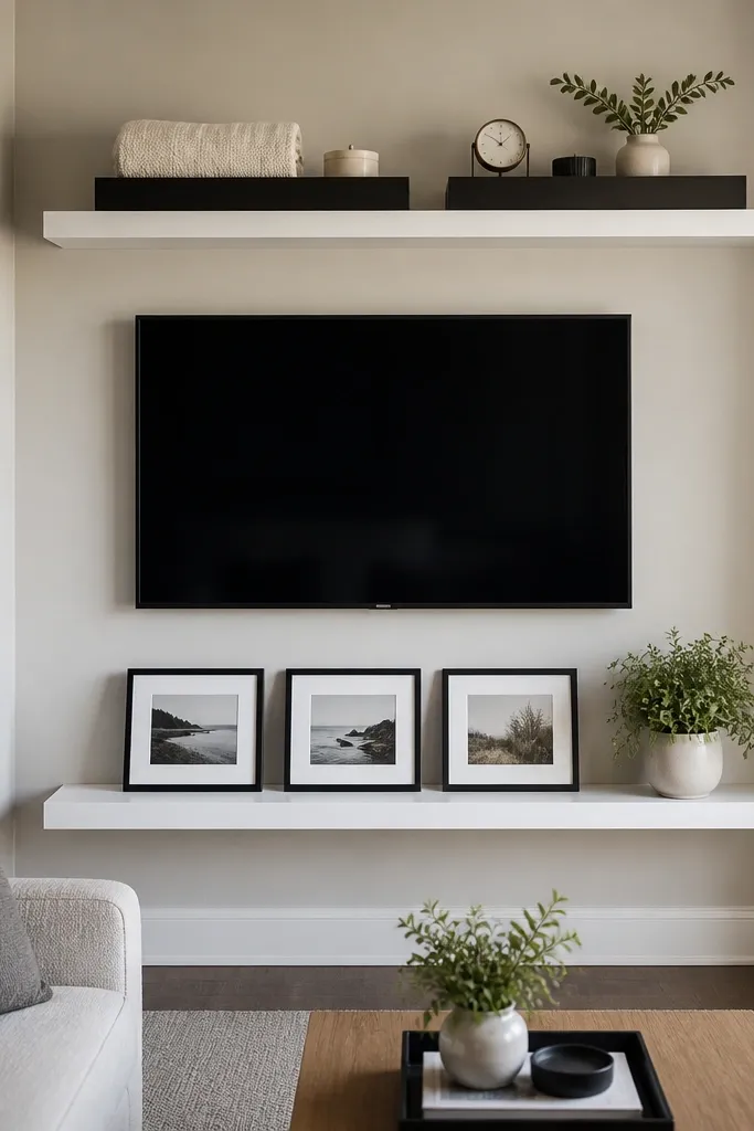 A TV wall with white floating shelves. On the top shelf, there are two black picture trays holding small objects like a rolled blanket and a tiny clock. The lower shelf has three framed photos in a row, with a small plant at one end.