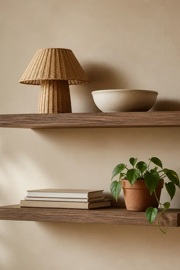 Two floating shelves on a beige wall. The top shelf has a small rattan shade lamp-like decor piece and a cream ceramic bowl. The lower shelf has a stack of books and a small plant with a terracotta pot.