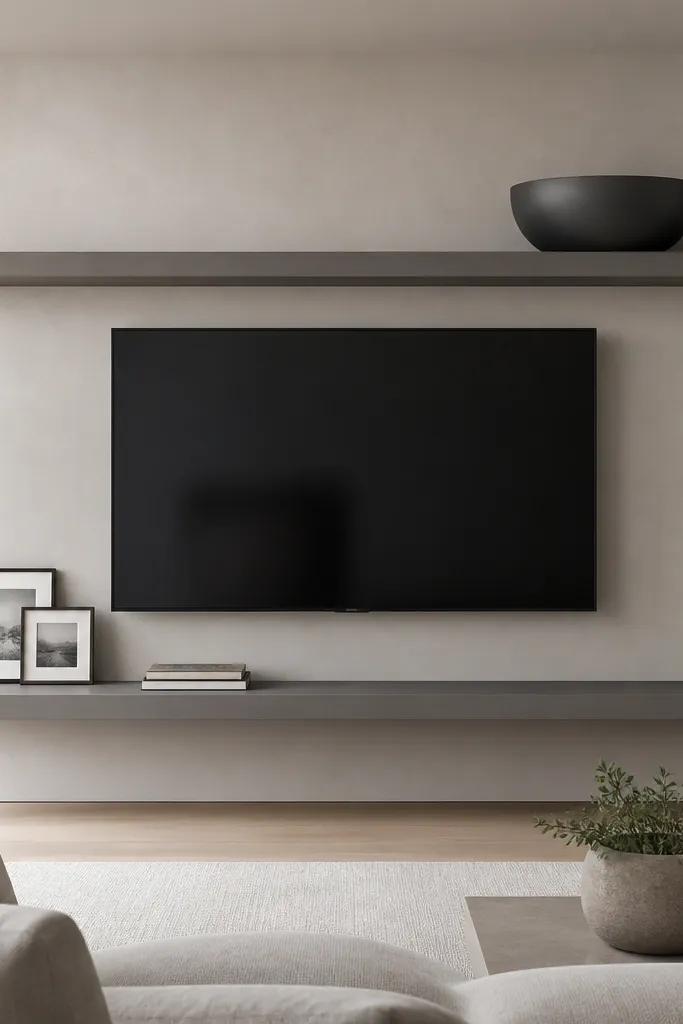 A TV wall with gray floating shelves and a centered TV. On the top shelf there is one oversized matte bowl in charcoal gray. On the lower shelf there are two small framed photos and a thin book stack. The rest of the shelf surface is empty.