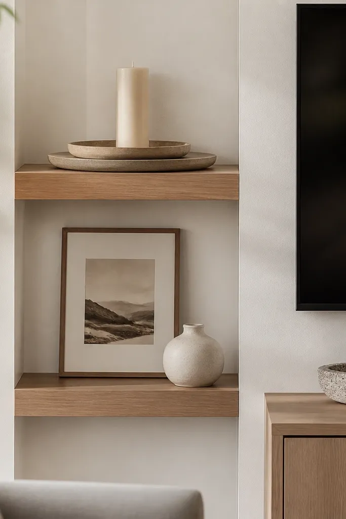 A TV wall with light walnut shelves. The top shelf has a layered styling: a large tray, a smaller tray on top, and a vertical candle in the center. The lower shelf has a framed print leaning against the back and a small vase.