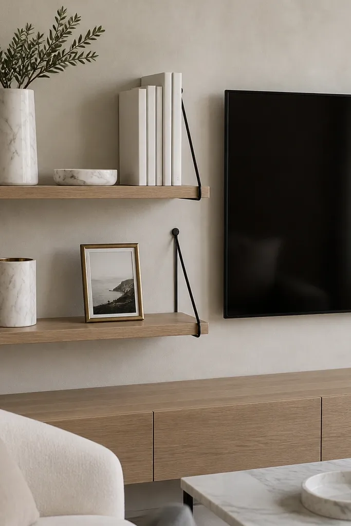 A TV wall with floating shelves that show thin black metal supports. The shelves hold white marble-look decor: a tall vase, a small marble tray, and a set of white books. The lower shelf has a marble-look candle holder and a small framed photo.