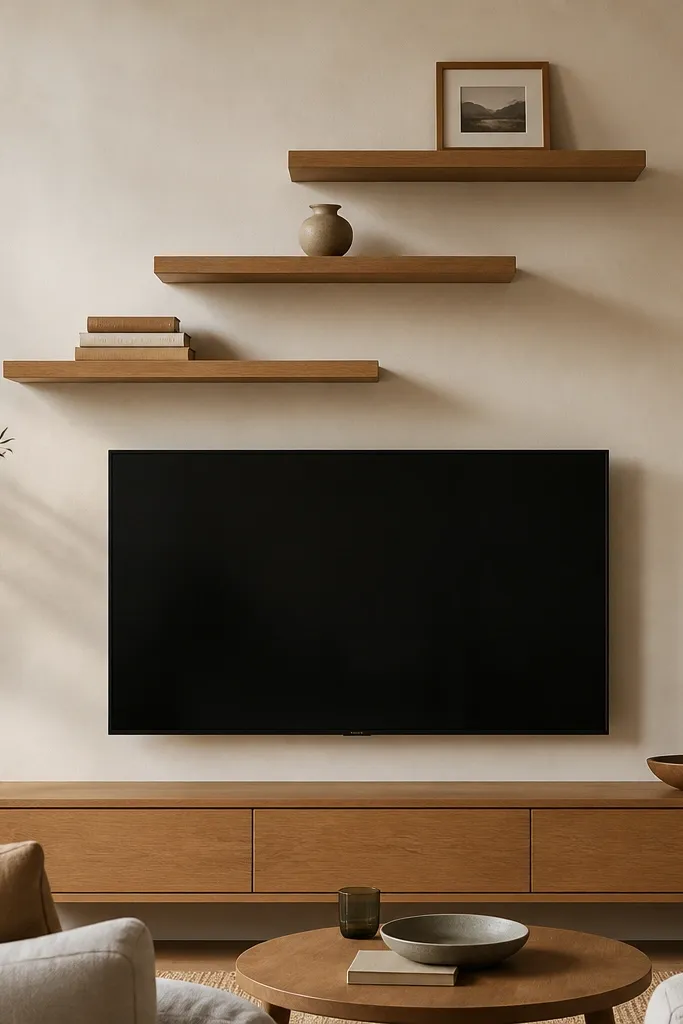 A living room TV mounted on a light beige wall. Three warm oak floating shelves run in a slight stepped ladder pattern centered on the TV, with books stacked on the lower shelf, a small ceramic vase on the middle shelf, and a framed photo on the top shelf.