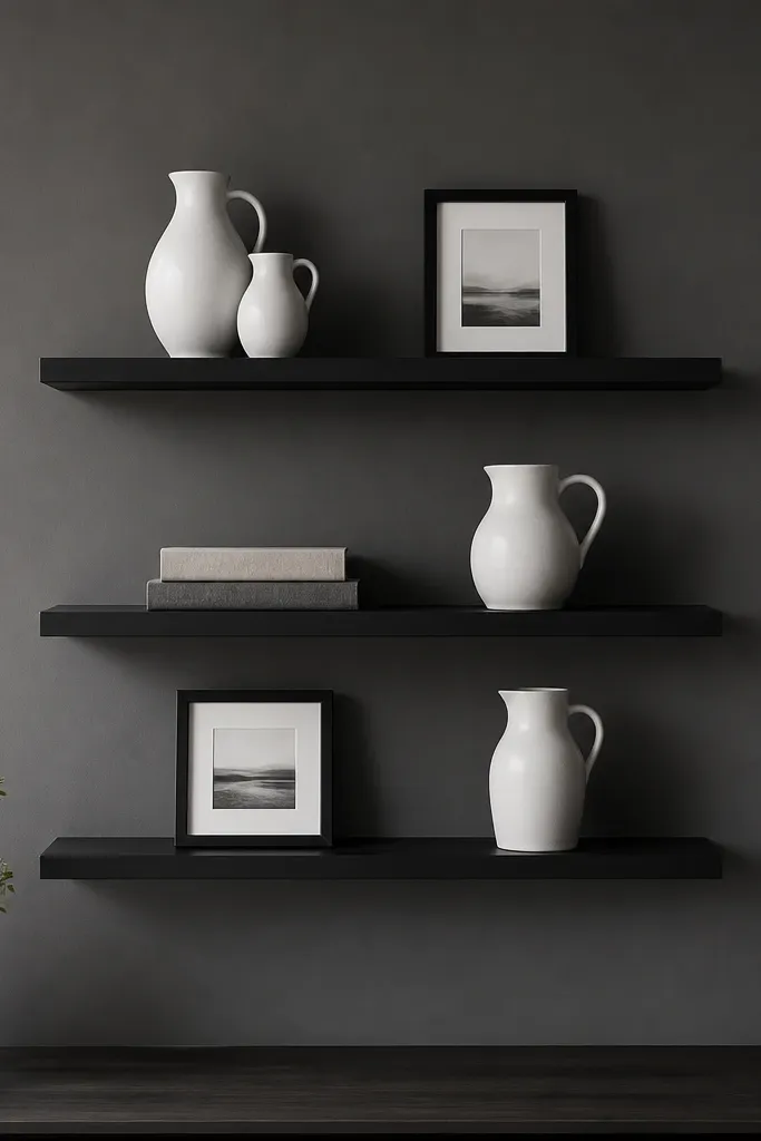 A dark gray TV wall with three black floating shelves. Each shelf holds a different arrangement: white ceramic pitchers, a couple of stacked books, and a small black-framed print. The brackets are hidden, and the shelves look perfectly level.