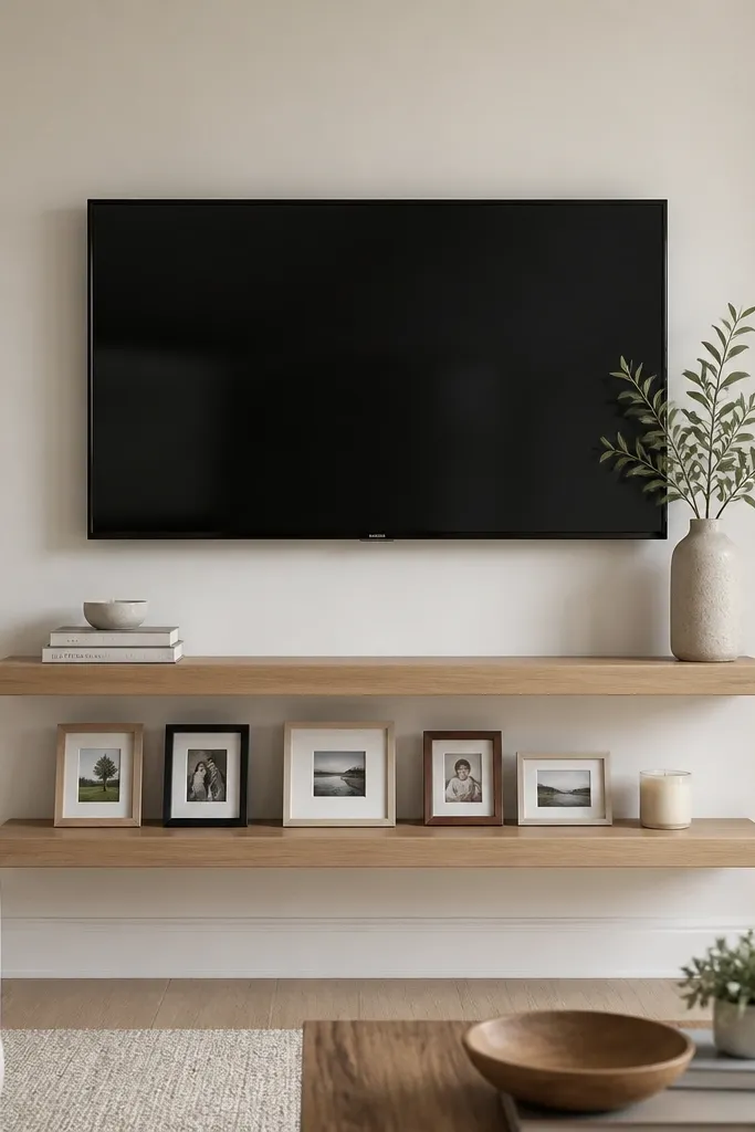 A TV centered above two floating shelf tiers. The lower tier holds a row of small framed photos and a candle, while the upper tier holds a couple of books and a taller vase. The wall is painted warm white.