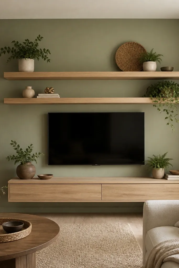 A TV on a sage green accent wall. Floating shelves in light oak run horizontally across the wall, with small potted plants and a woven tray on the shelves. Everything looks warm and soft.