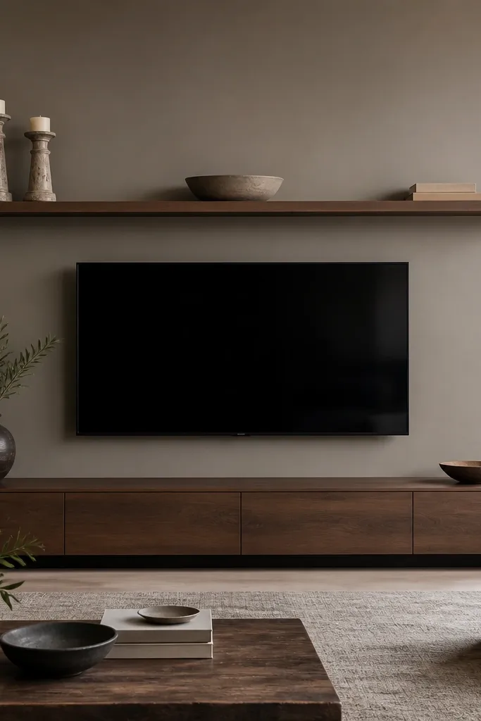 A long floating shelf directly above the TV spanning nearly the full wall width. On it are two large candle holders, a low ceramic bowl, and a couple of books. The wall is painted warm gray.