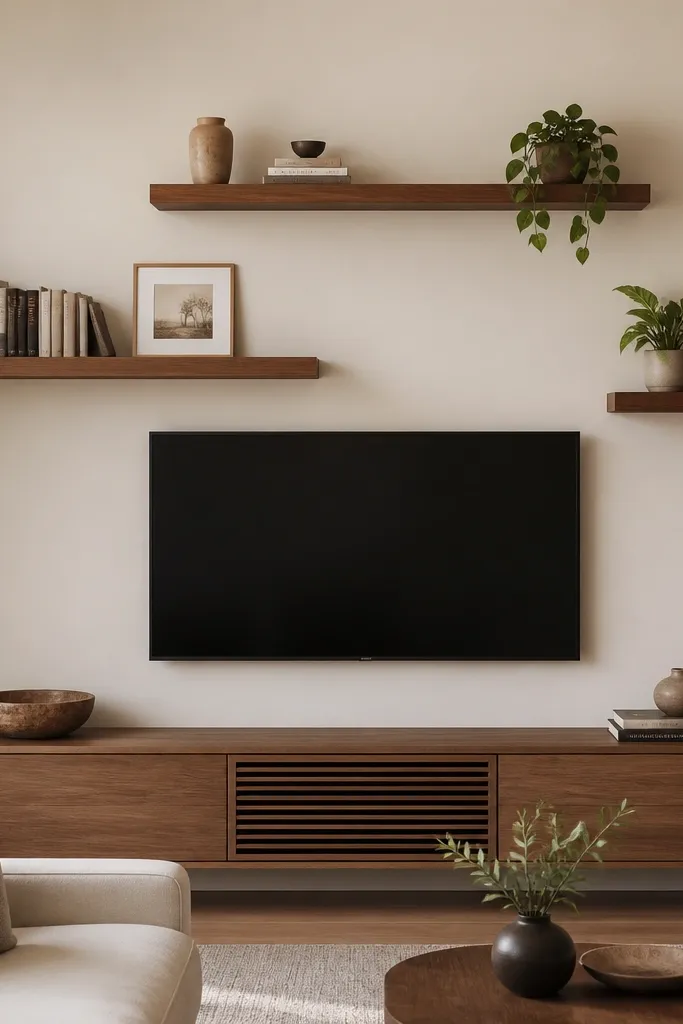 Three floating shelves of different lengths arranged asymmetrically around a centered TV. The left side has a longer shelf with books and a frame, while the right side has a shorter shelf with a plant and a small sculpture.
