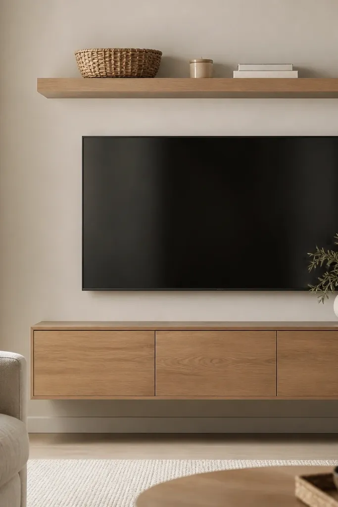 A TV with a floating shelf directly above it and a low floating cabinet below. The cabinet has a wood front and the shelf holds a woven basket, a candle, and two stacked books.