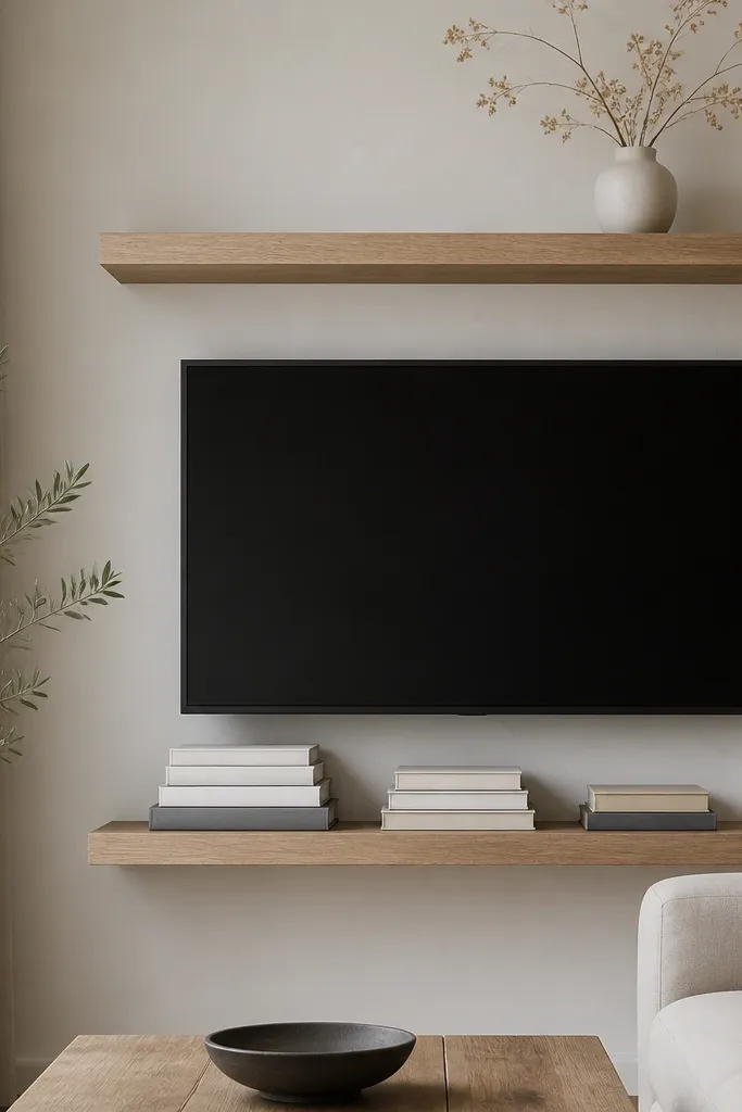 Two floating shelves around a TV. The lower shelf has stacked books of three heights arranged neatly, and the upper shelf holds one minimal white vase with dried branches.