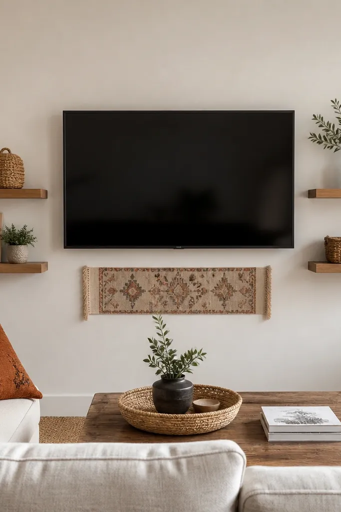 A TV with two floating shelves on either side, plus a small fabric runner on the wall area between shelves below the TV. Shelves hold a candle, a woven basket, and a framed photo.