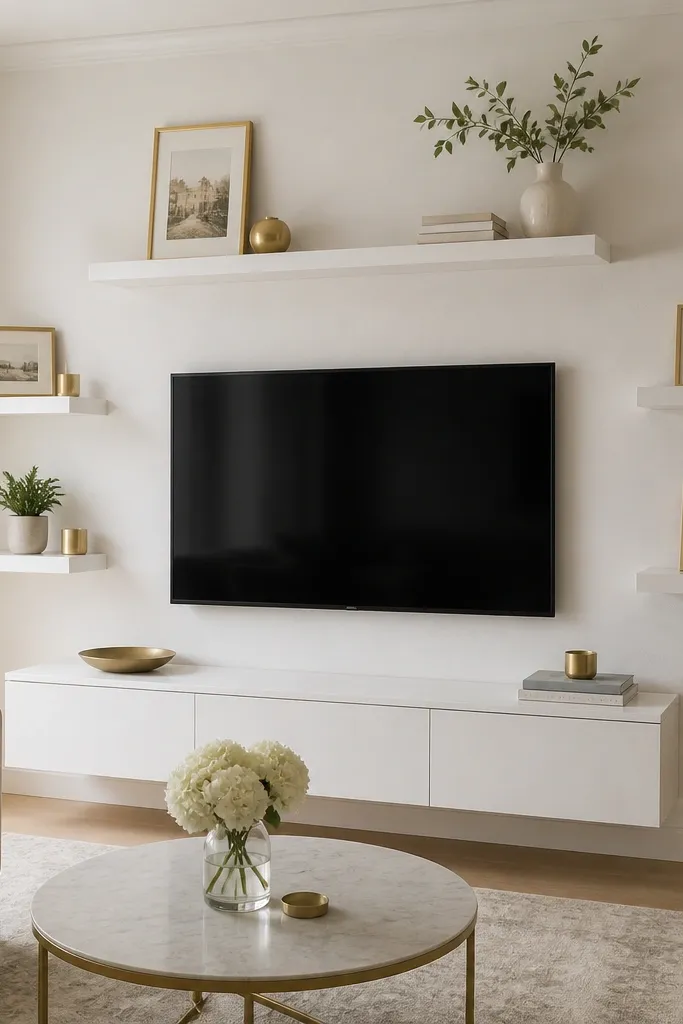 A bright living room with a white TV wall. Floating shelves in glossy-white or satin-white sit around the TV. Brass frames and small brass candle holders sit on the shelves.