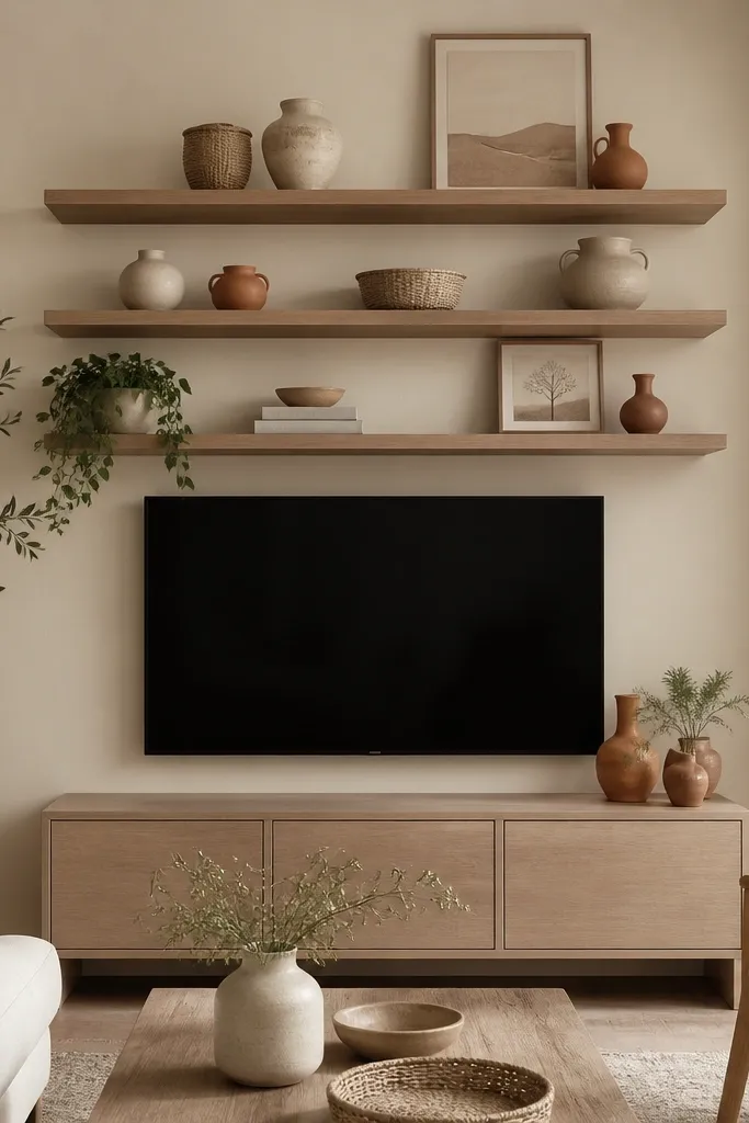 Three floating shelves around a TV in a beige living room. The shelves hold rattan baskets, ceramic vases in cream and terracotta, and framed art with neutral colors.