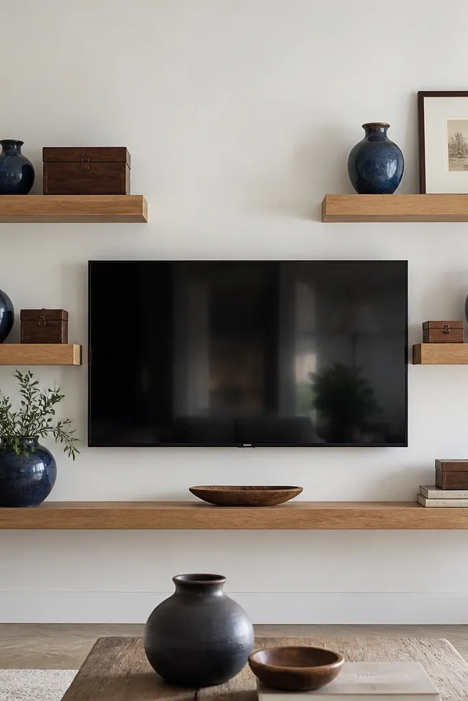 Oak floating shelves around a TV with deep blue stoneware vases. The wall is off-white. There are also small wooden boxes and a framed print.