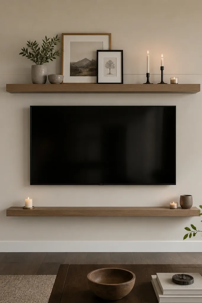 A TV with floating shelves that look like a mantel because a slim trim board runs behind them. The shelves are wood, and the trim is painted the same color as the wall. Small candles and framed art sit on top.
