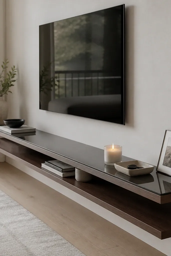 Wood floating shelves with smoked glass panels on top. The TV wall is light. Small decor items sit on the glass, including a candle, a small tray, and a framed photo.