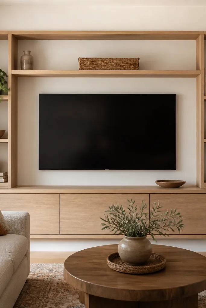 Shelves wrap around the TV forming a U shape: one shelf above and two shelves on the sides. The wall is warm white, and the shelves are light wood. Decor includes a plant on the left, a tray on the top, and books on the right.