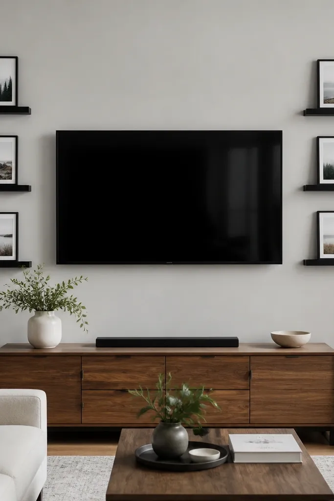 Several narrow floating shelves around the TV, each holding one small framed print. The frames are consistent with thin black borders. The wall is a light gray.