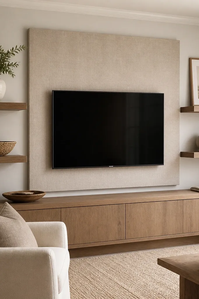 A TV wall with floating shelves. Behind the TV, a light linen panel hangs like a soft backdrop. Shelves hold a ceramic vase, a woven basket, and a framed print.