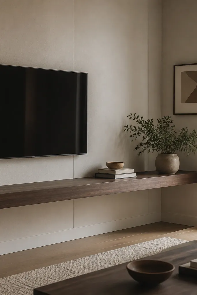 A TV wall with a floating shelf that extends from the TV area out toward the corner. The shelf holds a plant, a tray, and stacked books, bridging the TV zone to the side wall.