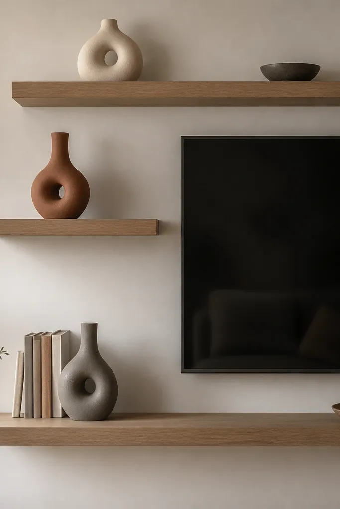 Three floating shelves around a TV with a coordinated trio of sculptural vases. The vases are in muted cream, clay, and soft gray. Books sit behind the lower vase.