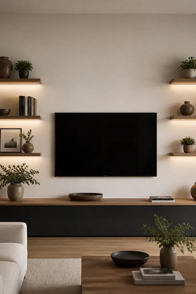 Floating shelves around a TV with subtle warm LED light strips under the shelves. The wall is off-white. Shelves hold small decor and books, and the lighting creates a soft glow behind them.