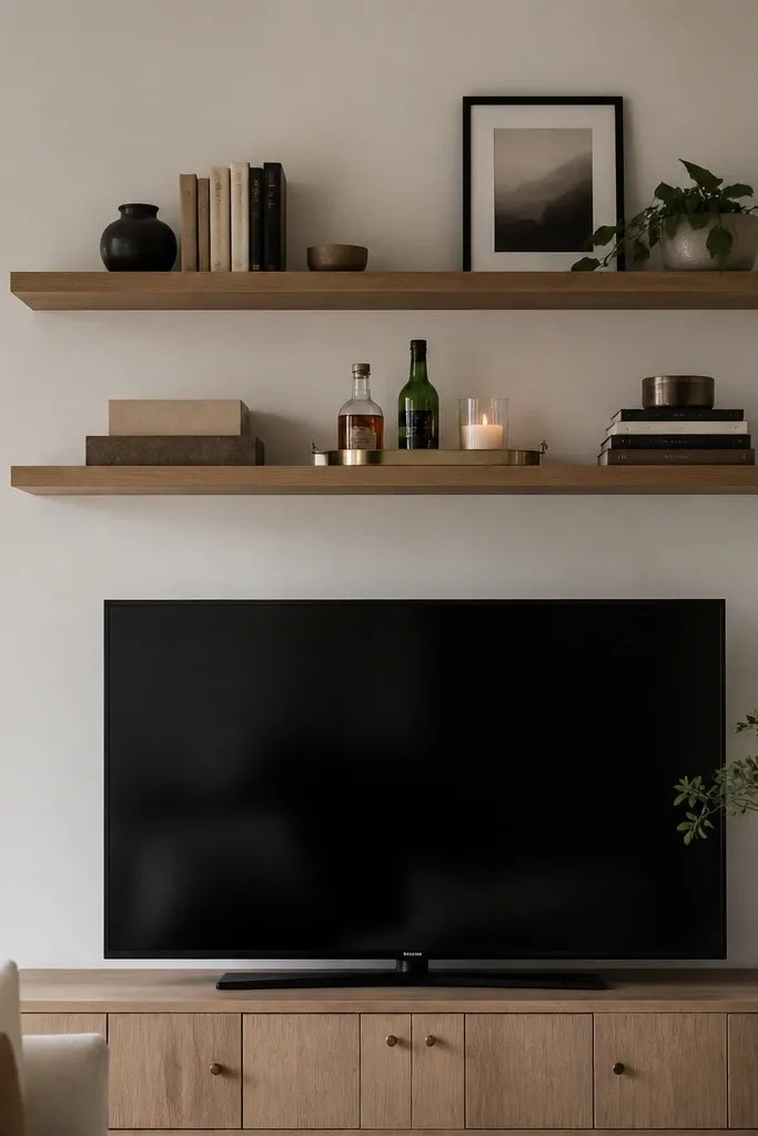 A TV with floating shelves above it. A small bar-style tray sits on the lower shelf level, with bottles, a glass, and a candle. Above, books and a framed photo sit neatly.