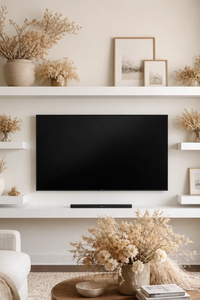 White floating shelves around a TV with dried flower bundles in cream and tan. There are also small picture frames and one ceramic pot. The wall is warm off-white.