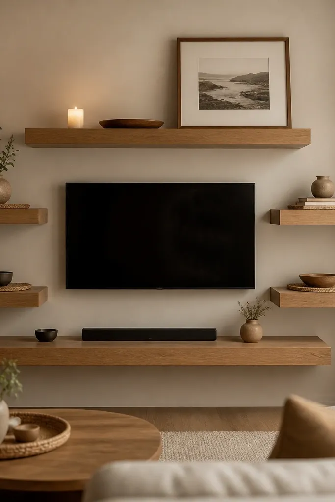 Oak floating shelves around a TV with small woven placemats on each shelf. On top are a candle, a small tray, and a framed print. The room uses neutral tones and warm lighting.